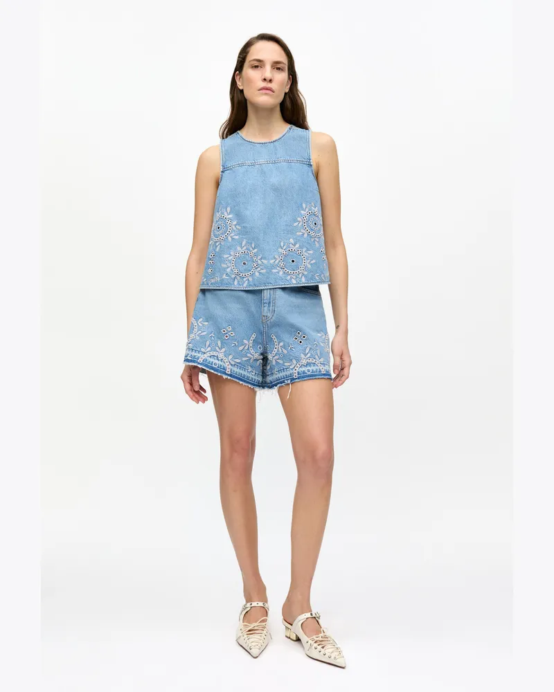 Ganni hellblau Stone Hellblaue Jeansshorts mit Lockstickerei Baumwolle - Größe Hellblau
