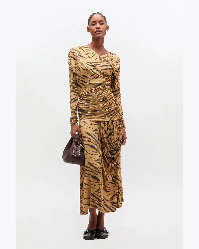 Ganni Khaki Rüschenkleid mit Tigermuster Elastan - Größe Khaki