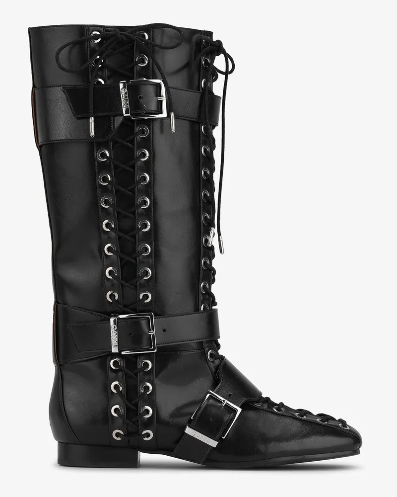 Ganni Schnür-Boots in Schwarz Crinkle-Oleatex Schwarz