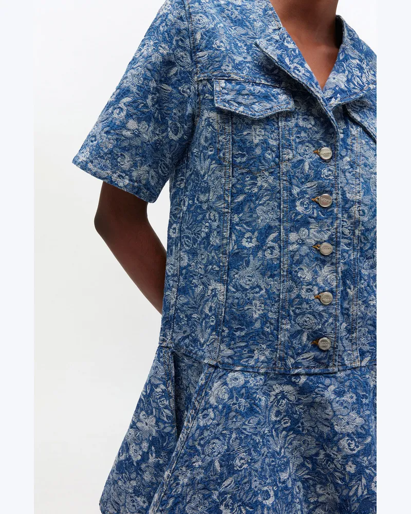 Ganni blau Blaues Mini-Kleid im Gobelinmuster Bio-Baumwolle - Größe Blau