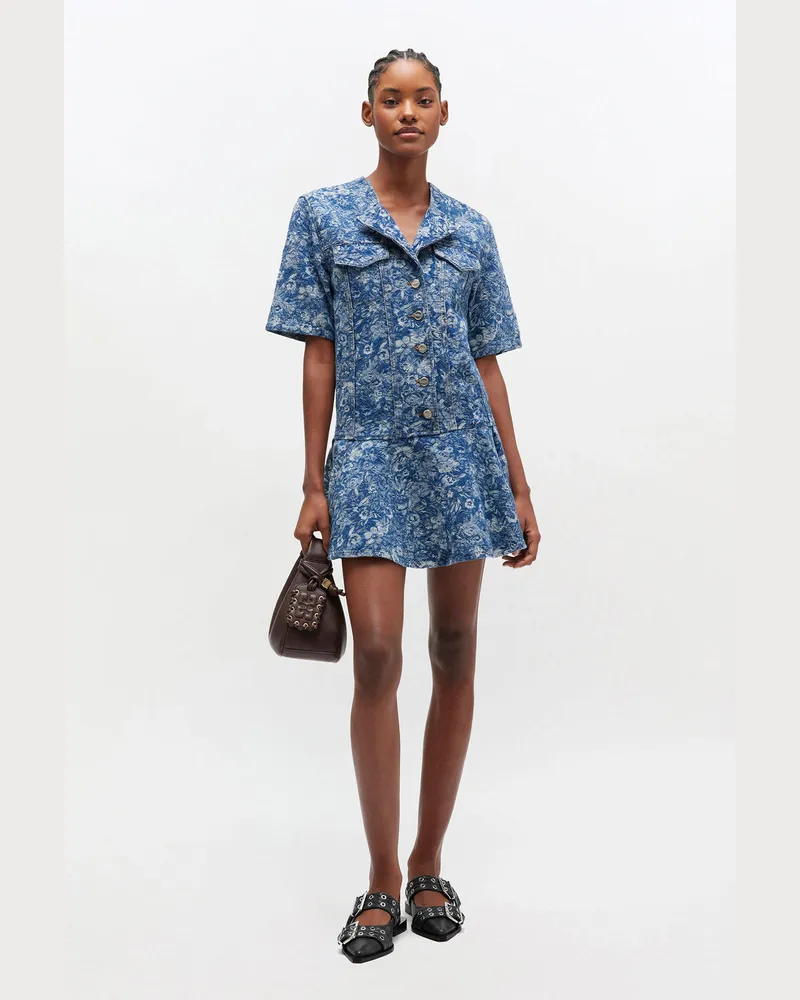 Ganni blau Blaues Mini-Kleid im Gobelinmuster Bio-Baumwolle - Größe Blau