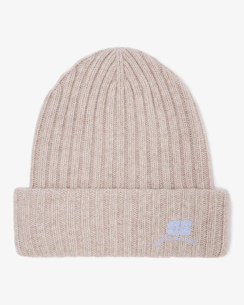 Ganni beigefarbene Wollstrickmütze beige Beige