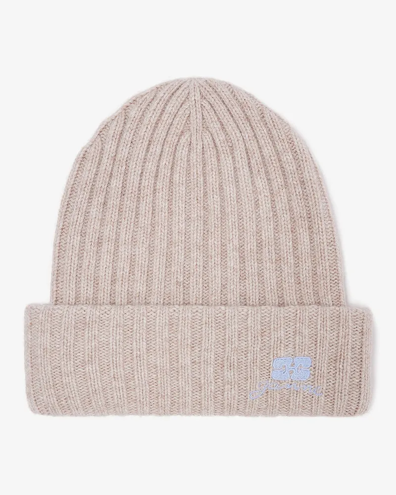 Ganni beigefarbene Wollstrickmütze beige Beige