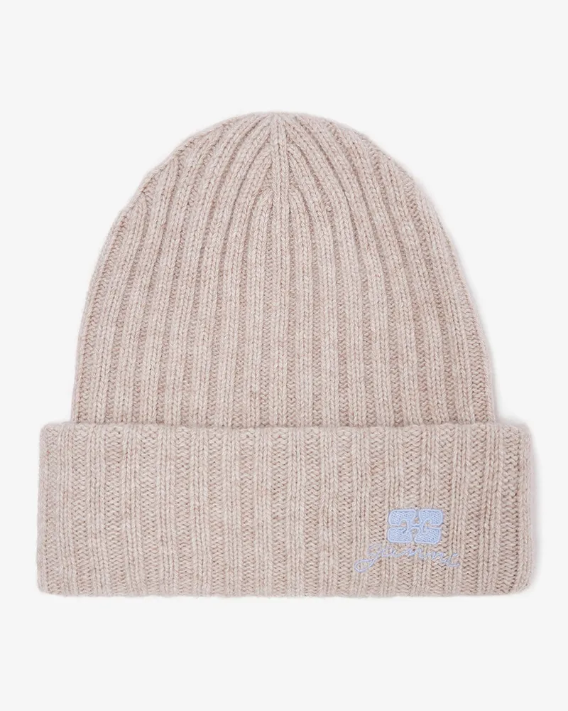 Ganni beigefarbene Wollstrickmütze beige Beige