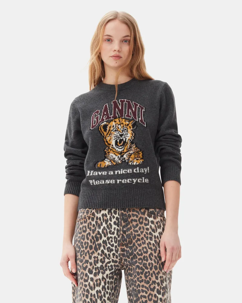 Ganni Dunkelgrauer Grafikpullover mit Tiger-Motiv - Größe Gray Quill Gray