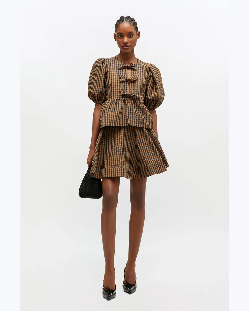 Ganni braun Mini-Tellerrock in Knitteroptik mit Karomuster - Größe Braun