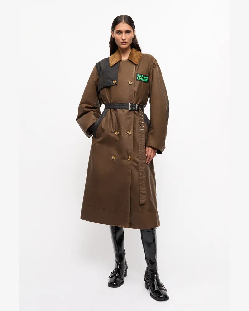 Ganni Teak x Barbour Waxed Trenchcoat Baumwolle - Größe Teak
