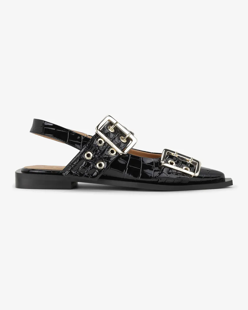 Ganni Schwarze Croco Patent Ballerinas mit femininer Schnalle schwarz Schwarz