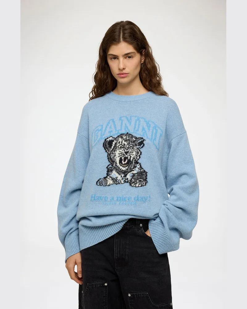 Ganni Oversized-Pullover mit Tiger blau Blau