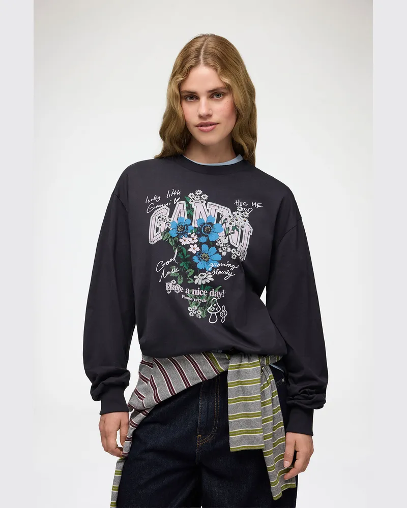 Ganni gemischt Langärmliges T-Shirt mit Blumen Bio-Baumwolle - Größe Gemischt