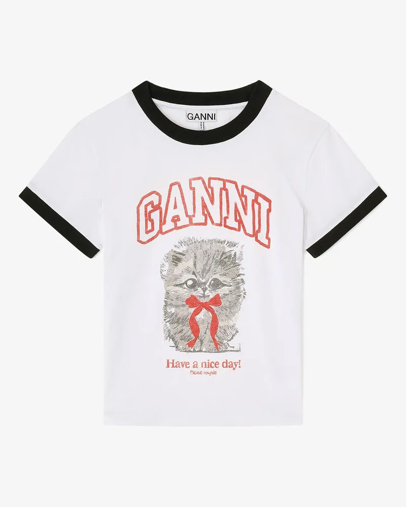 Ganni weiß Weißes, kurz geschnittenes T-Shirt mit Kätzchenprint Bio-Baumwolle - Größe Weiß