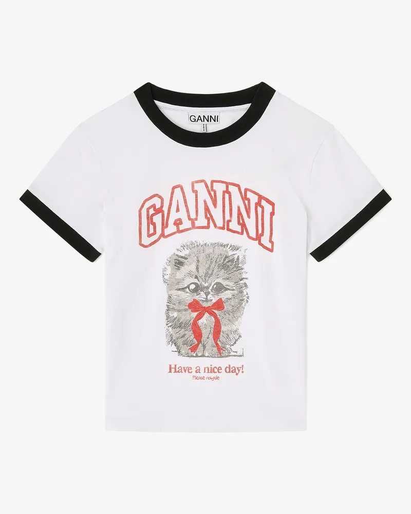 Ganni weiß Weißes, kurz geschnittenes T-Shirt mit Kätzchenprint - Größe Weiß