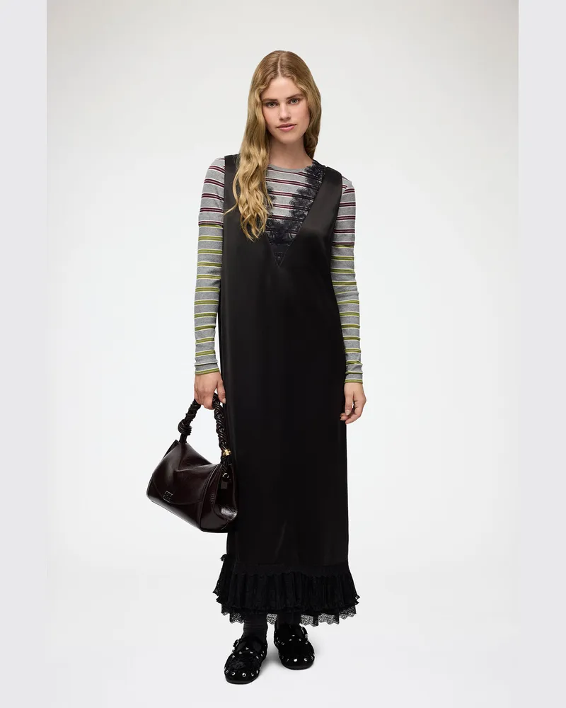 Ganni Langes Kleid aus Spitzensatin schwarz Schwarz