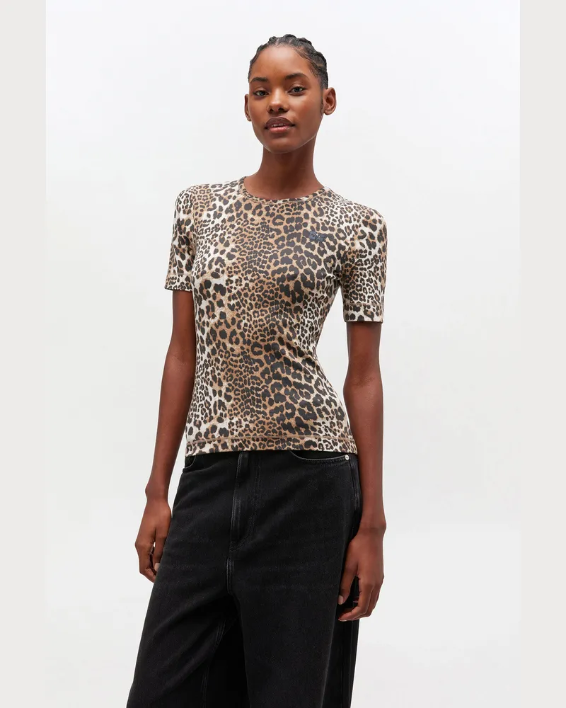 Ganni gemischt Ripp-T-Shirt mit Leopardenmuster - Größe Gemischt