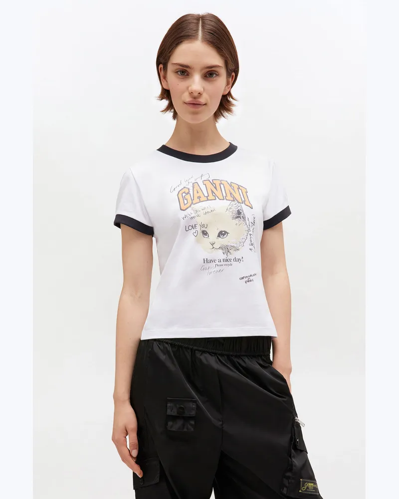 Ganni weiß Weißes, kurz geschnittenes T-Shirt mit Kätzchenprint Baumwolle - Größe Weiß