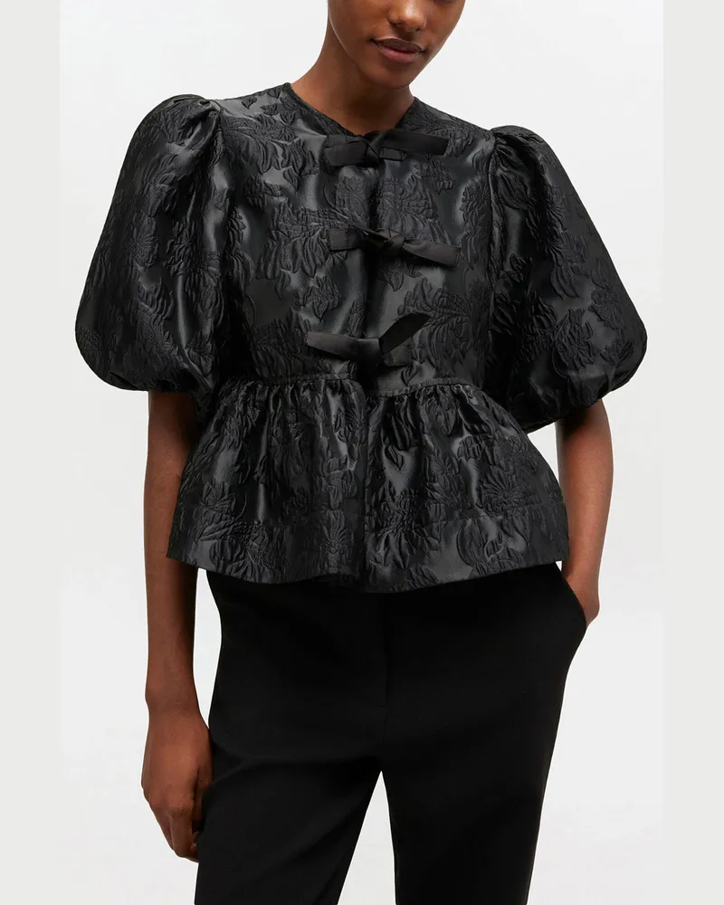 Ganni Satinbluse mit Peplum und Bindeband - Größe schwarz Schwarz