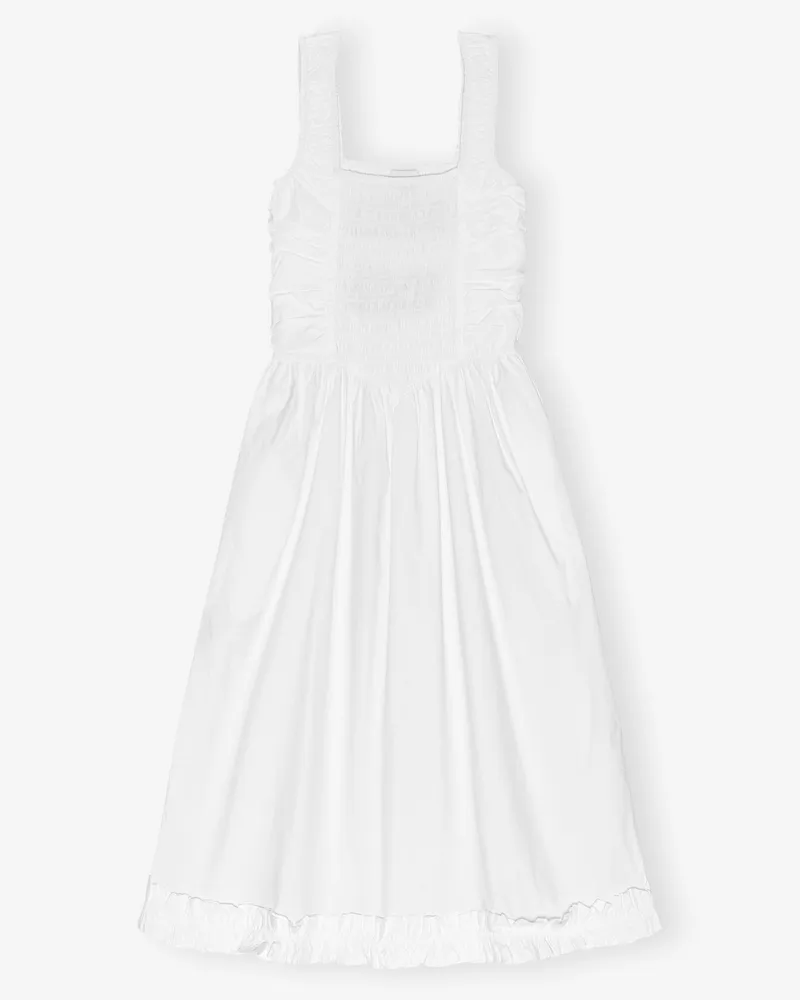 Ganni weiß Weißes Baumwoll-Poplin Midikleid mit Trägern und Smok-Details Baumwolle - Größe Weiß
