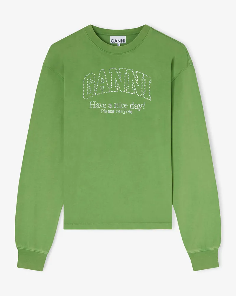 Ganni Minced Herb Grünes Daisy Duck Langarm T Shirt Bio-Baumwolle - Größe Minced