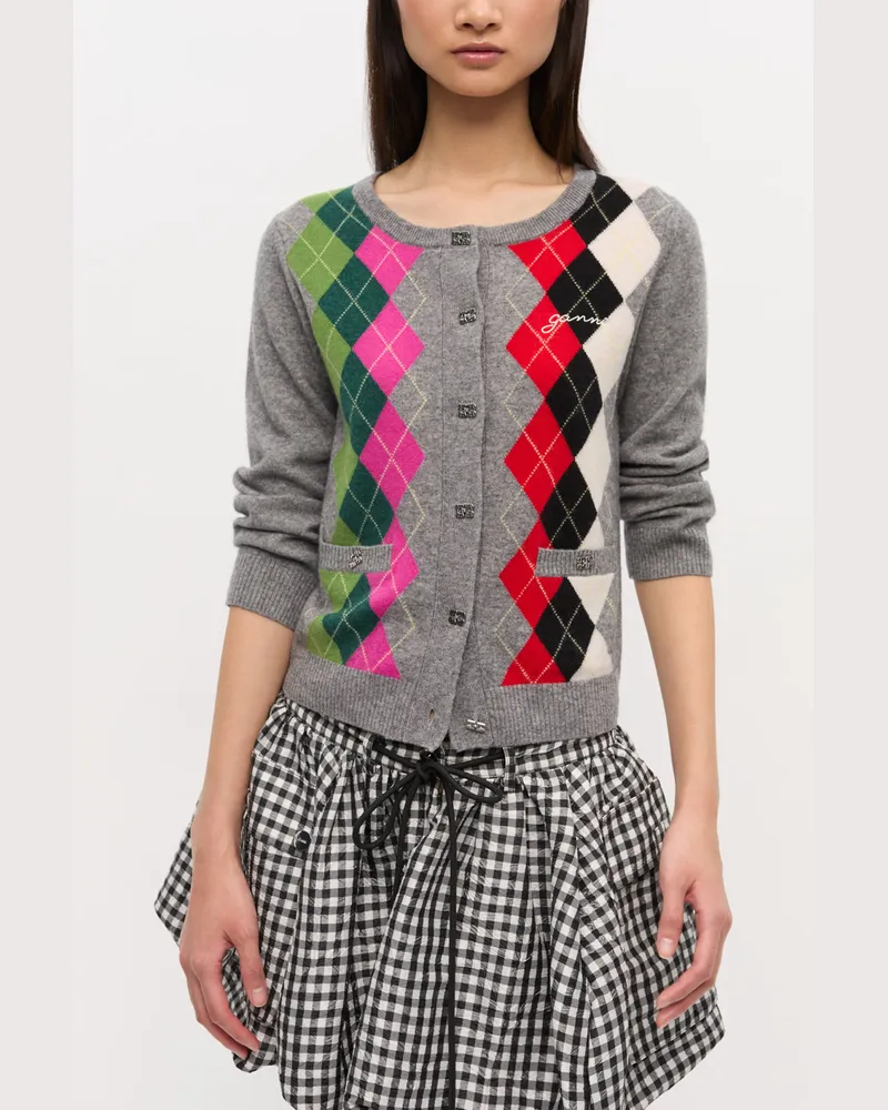 Ganni grau karierte Strickjacke Merino Wolle - Größe Grau