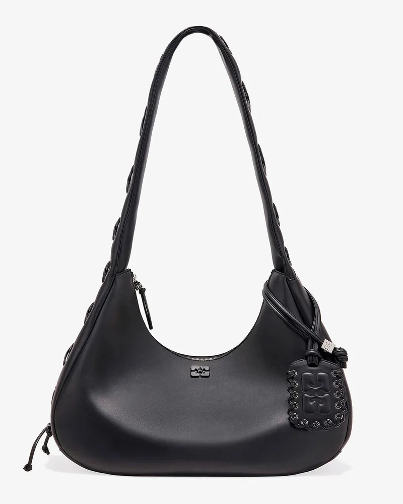Ganni Schwarze mittelgroße Hobo-Tasche mit Schnürsenkeln schwarz Schwarz