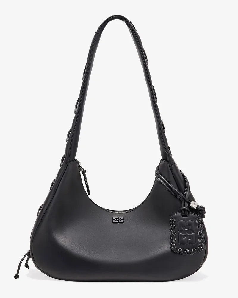 Ganni Schwarze mittelgroße Hobo-Tasche mit Schnürsenkeln schwarz Schwarz