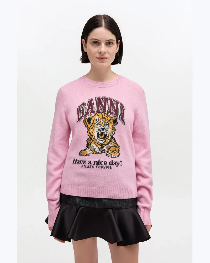 Ganni Wollpullover mit Grafik rosa Rosa