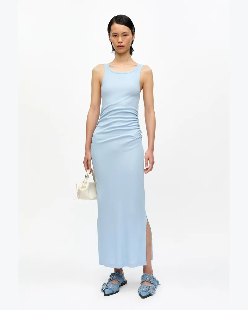 Ganni Soft Chambray Blaues langes Ripp-Tanktop-Kleid aus weicher Baumwolle Elastan - Größe Soft