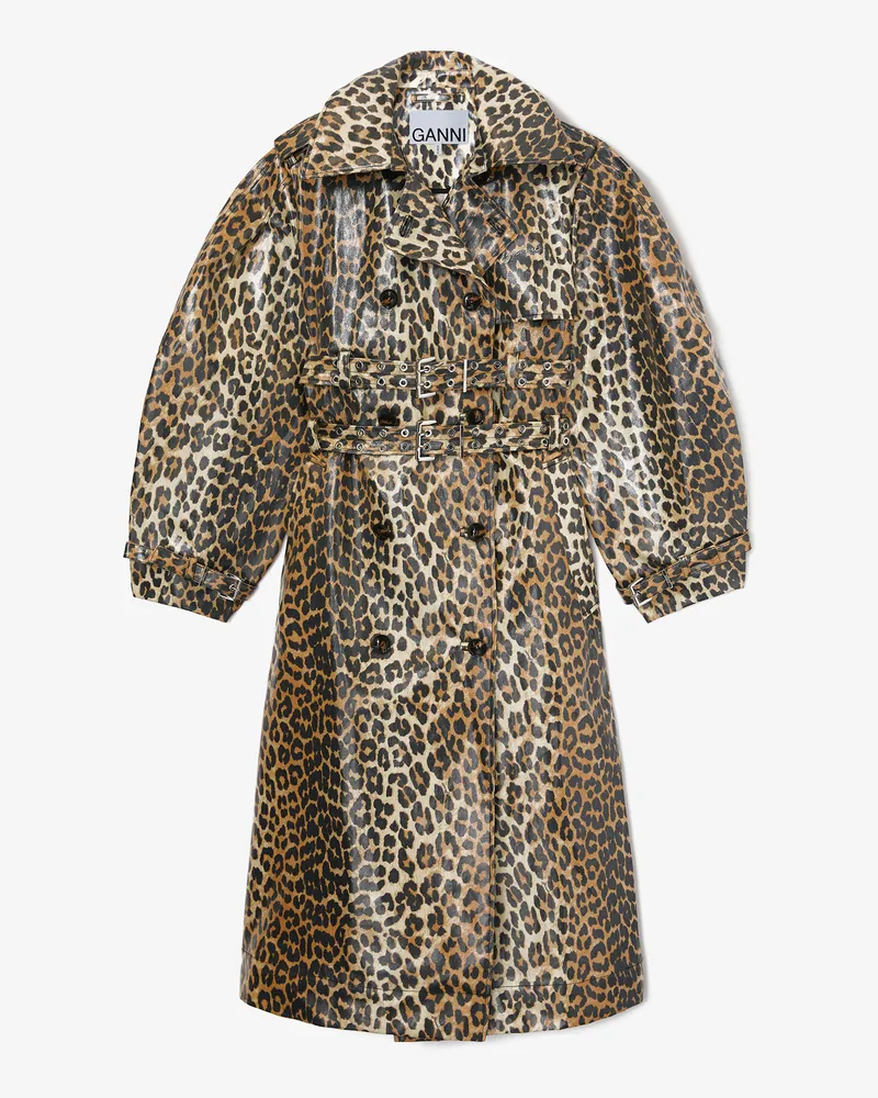 Ganni Trenchcoat aus laminierter Baumwolle mit Leopardenmuster braun Braun