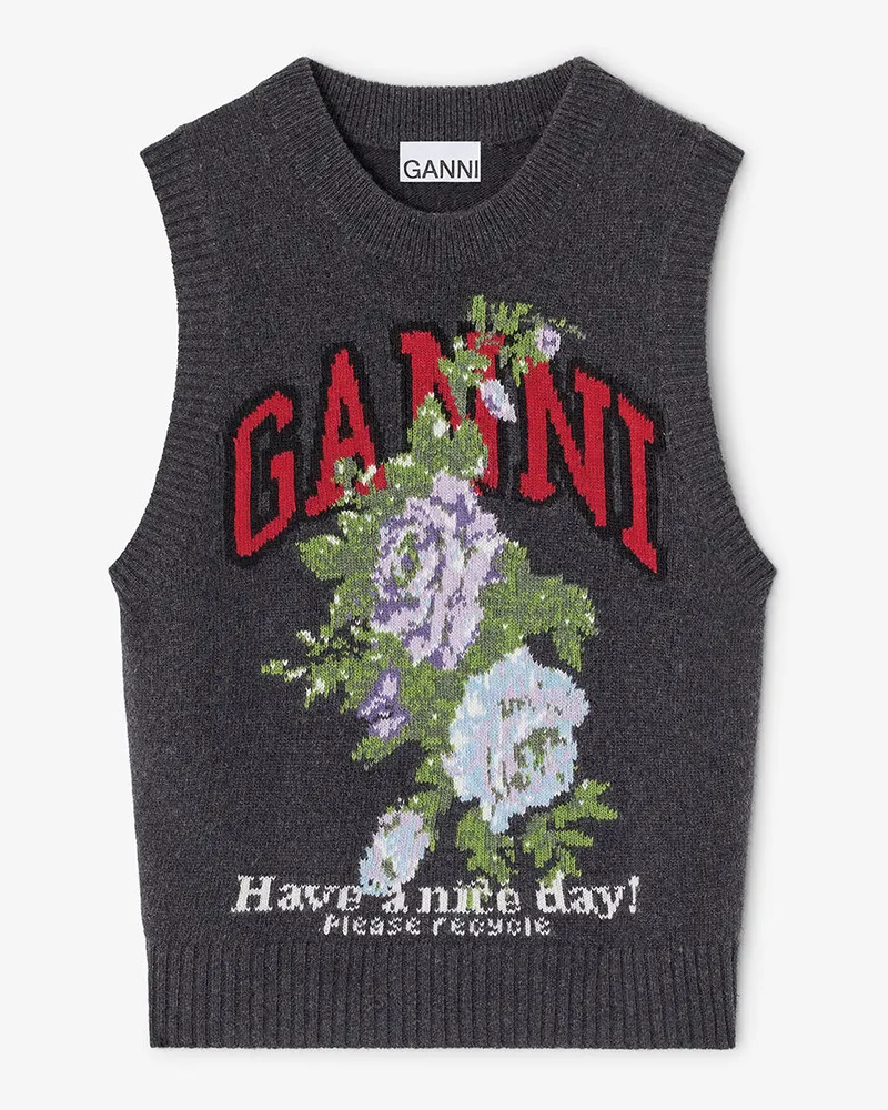 Ganni Dunkelgrau Wollweste mit Rosenprint gemischt Gemischt