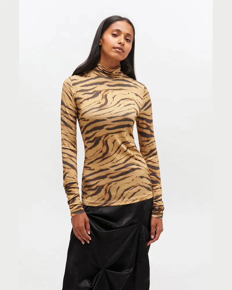 Ganni Khaki Rollkragenpullover aus Jersey mit Tigermuster Elastan - Größe Khaki