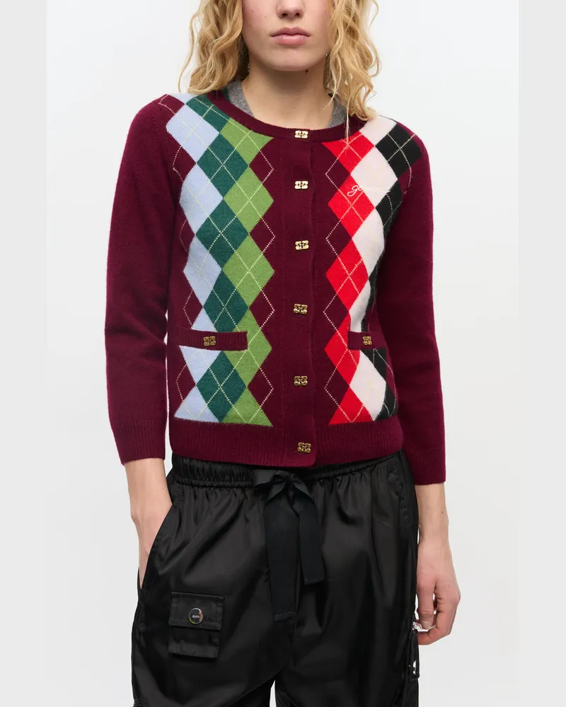 Ganni rot Burgunderrote Strickjacke mit Karomuster Merino Wolle - Größe Rot