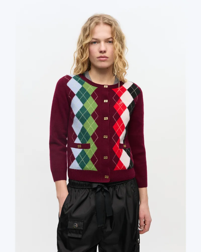 Ganni rot Burgunderrote Strickjacke mit Karomuster Merino Wolle - Größe Rot