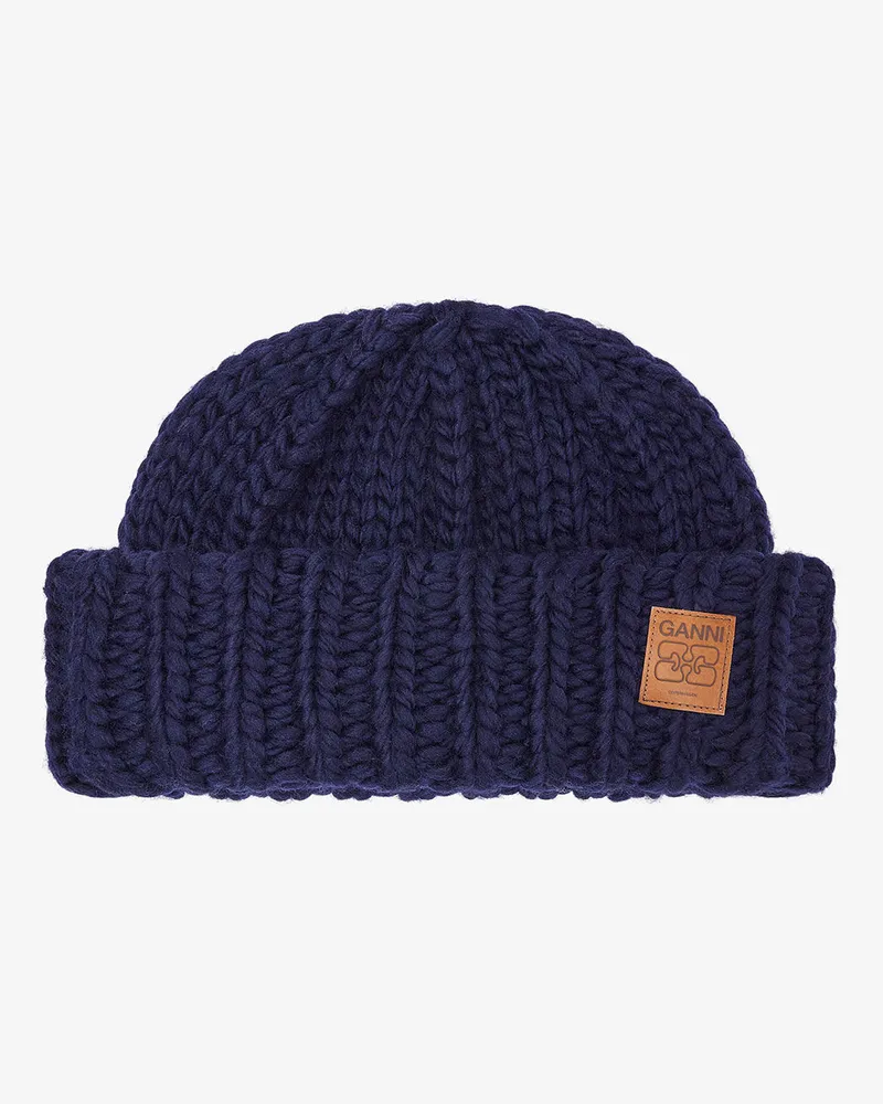 Ganni Dunkelblaue handgestrickte Wollmütze marineblau Marineblau
