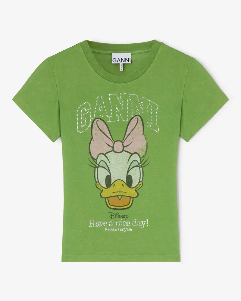 Ganni Minced Herb Daisy Duck grünes Baby-Fit-T-Shirt Recycelte Baumwolle - Größe Minced