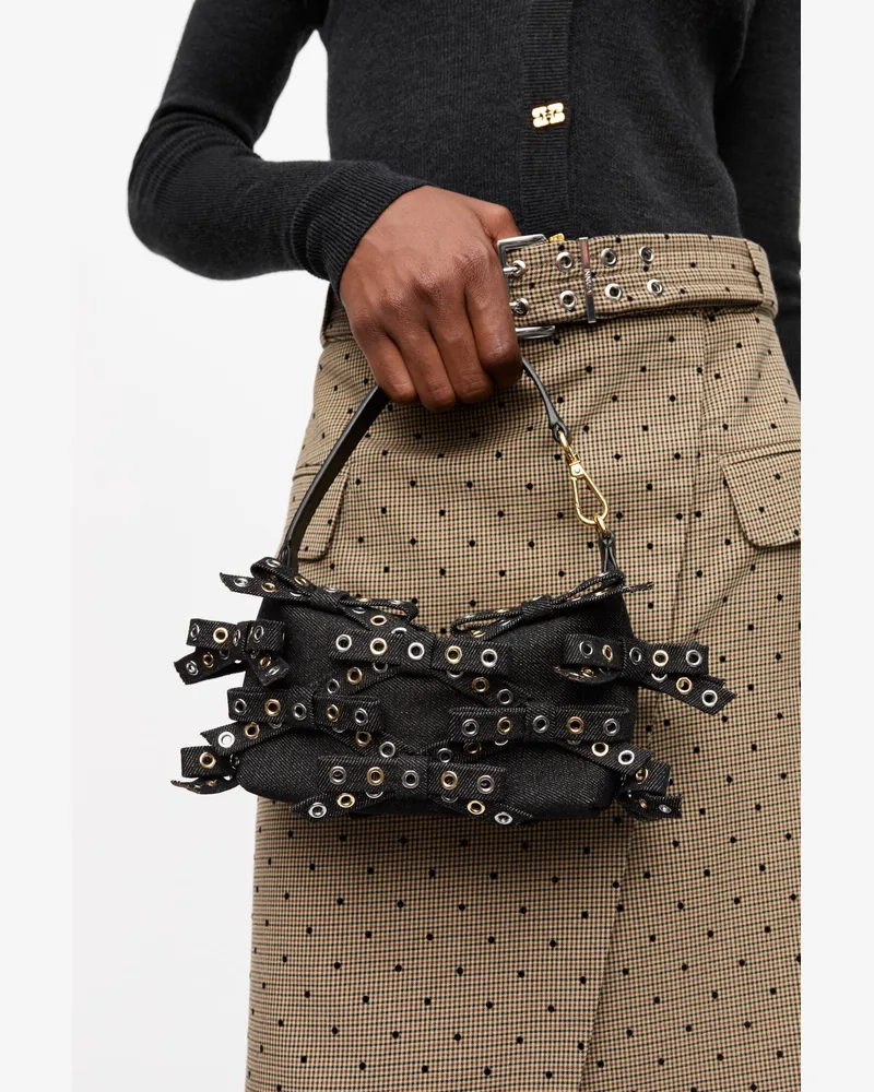 Ganni Kleine Schmetterlings-Beuteltasche mit Schleife aus schwarzem Denim schwarz Schwarz