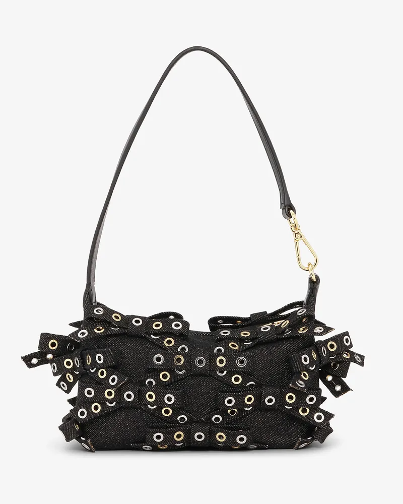 Ganni Kleine Schmetterlings-Beuteltasche mit Schleife aus schwarzem Denim schwarz Schwarz