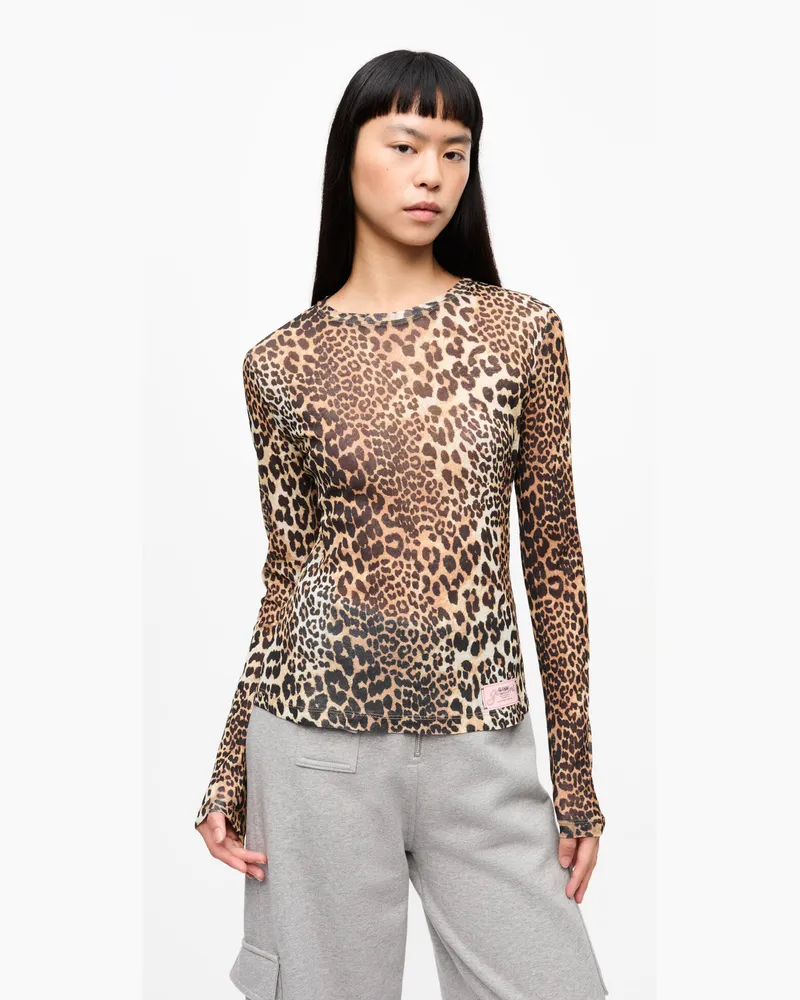 Ganni Langärmelige Bluse mit Leopardenprint aus Mesh - Größe gemischt Gemischt