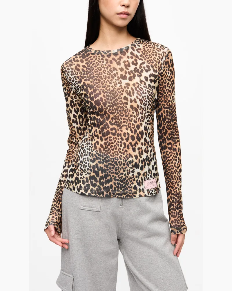 Ganni Langärmelige Bluse mit Leopardenprint aus Mesh - Größe gemischt Gemischt