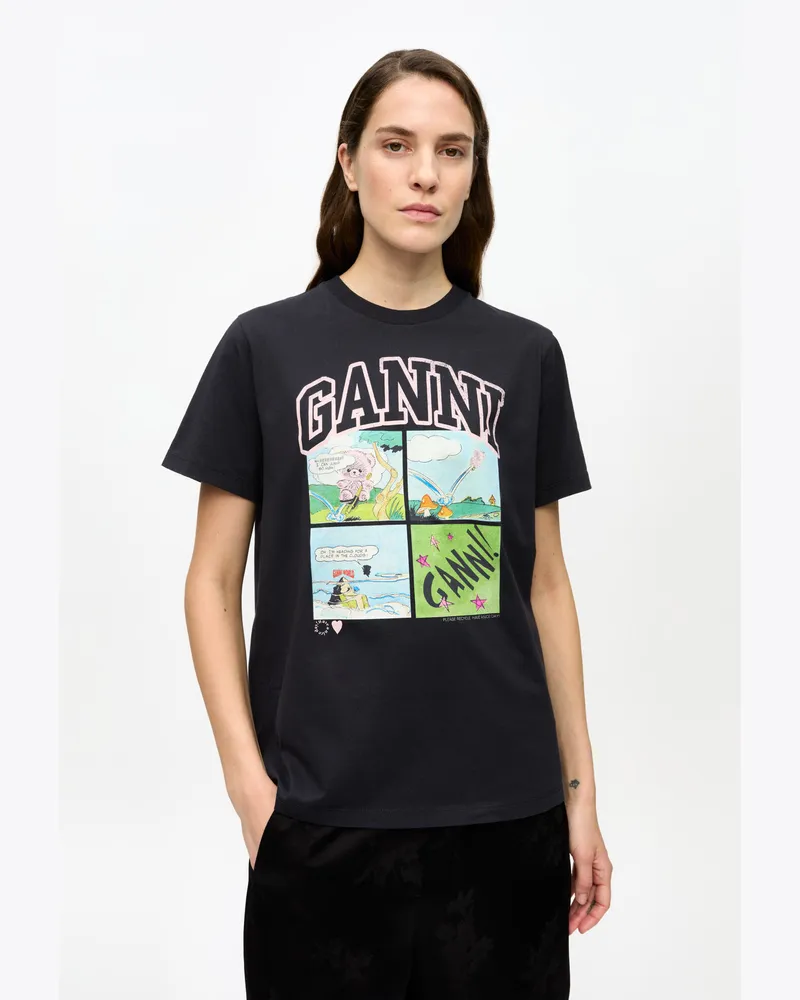 Ganni gemischt Schwarzes, lockeres Basic-T-Shirt Teddy aus Jersey Baumwolle - Größe Gemischt