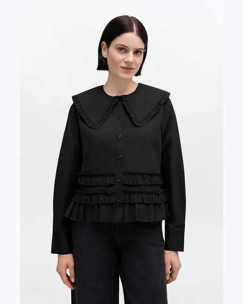 Ganni Jet schwarz Rüschenhemd aus Stretch-Baumwolle - Größe Jet