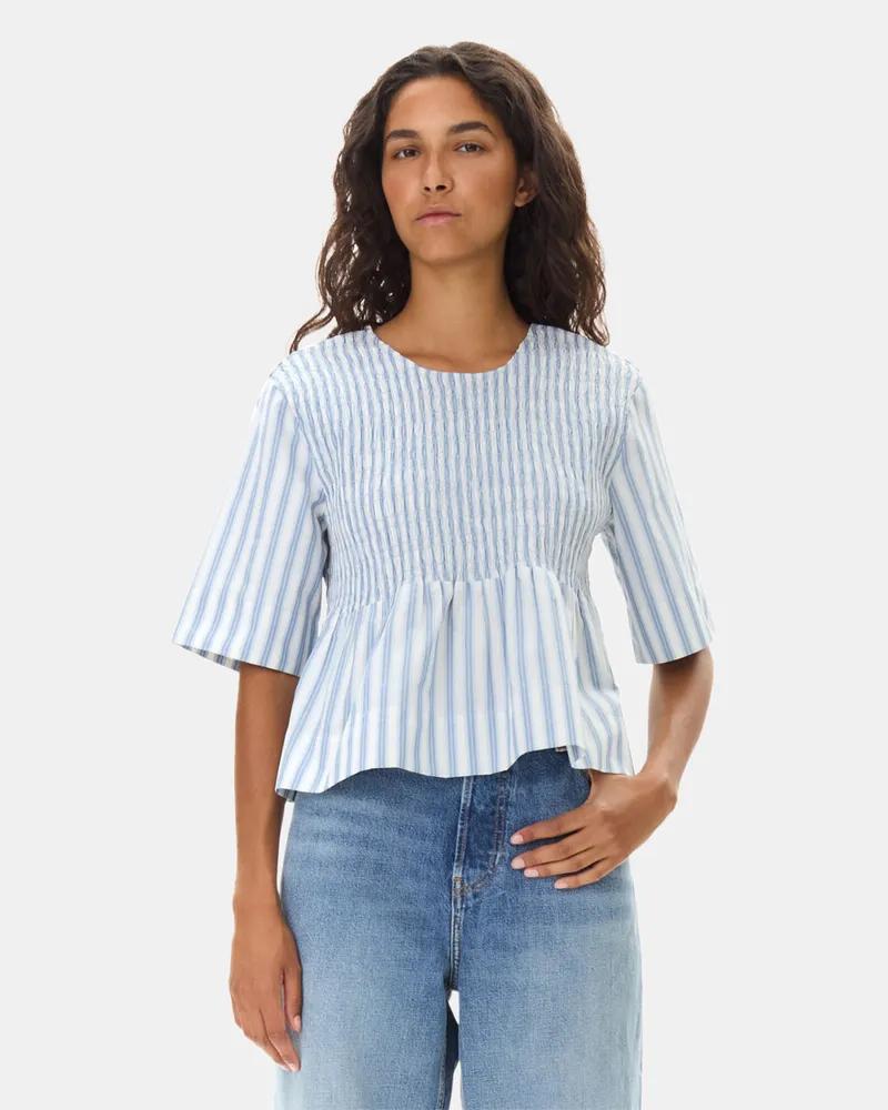 Ganni weiß blau Stripe Cotton Smock Bluse Baumwolle - Größe Weiß