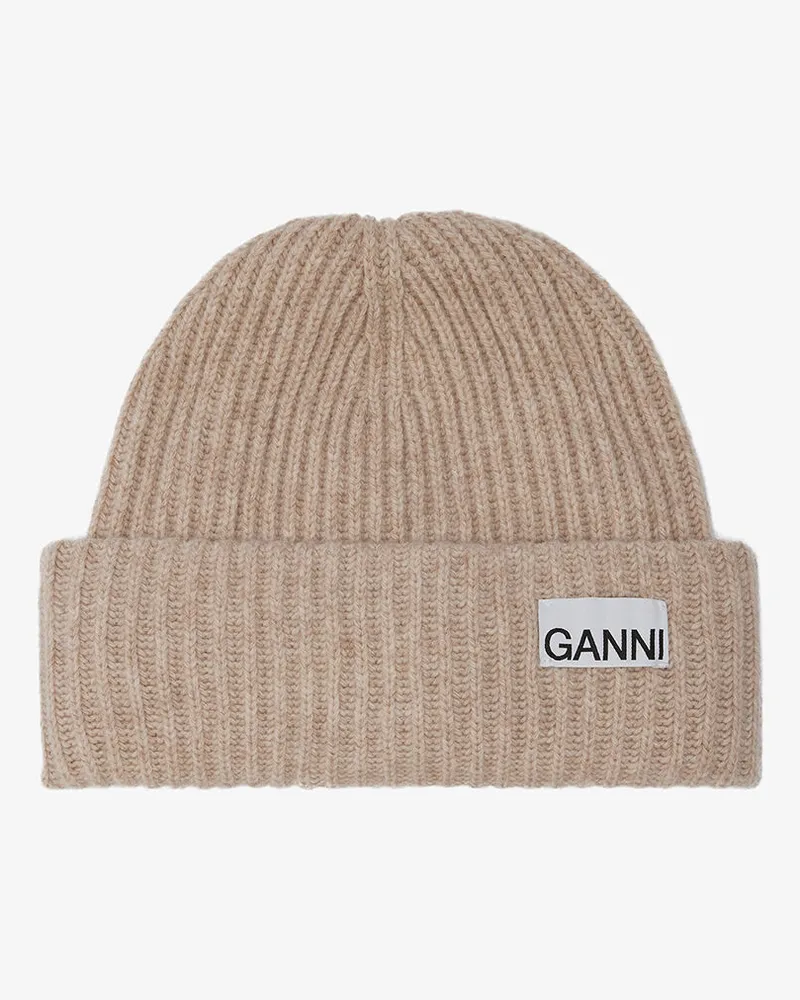 Ganni Oversized Woll-Rippstrickmütze beige Beige
