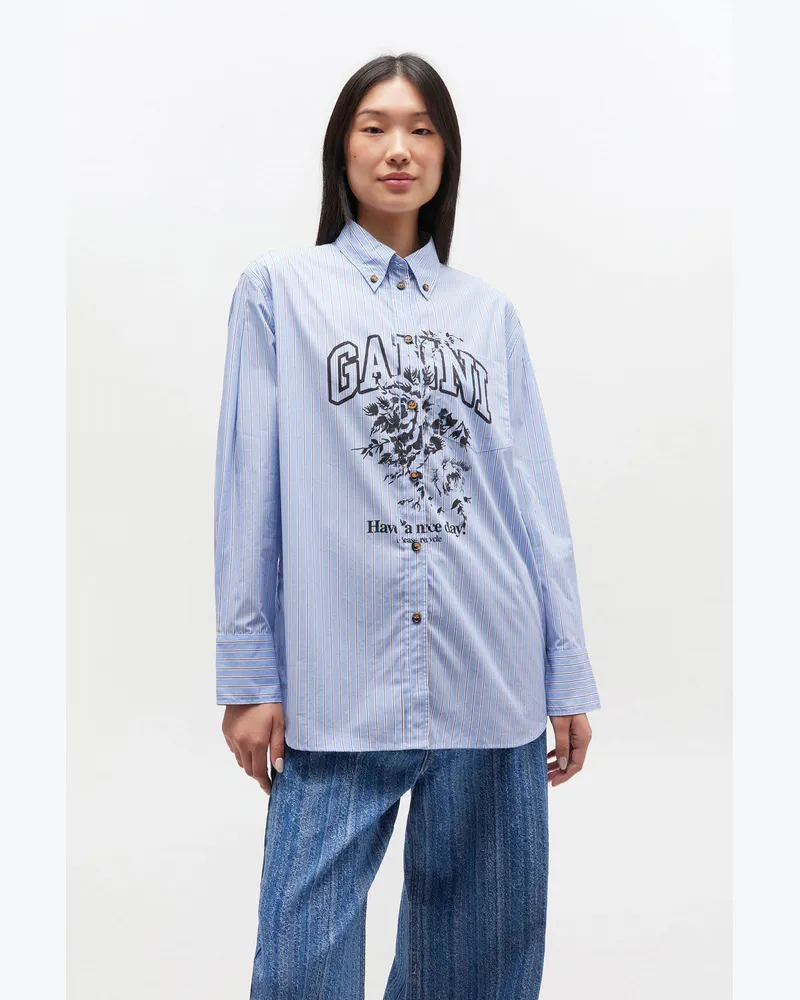 Ganni Lavender Lustre Blau gestreiftes Logohemd Baumwolle - Größe Lavender
