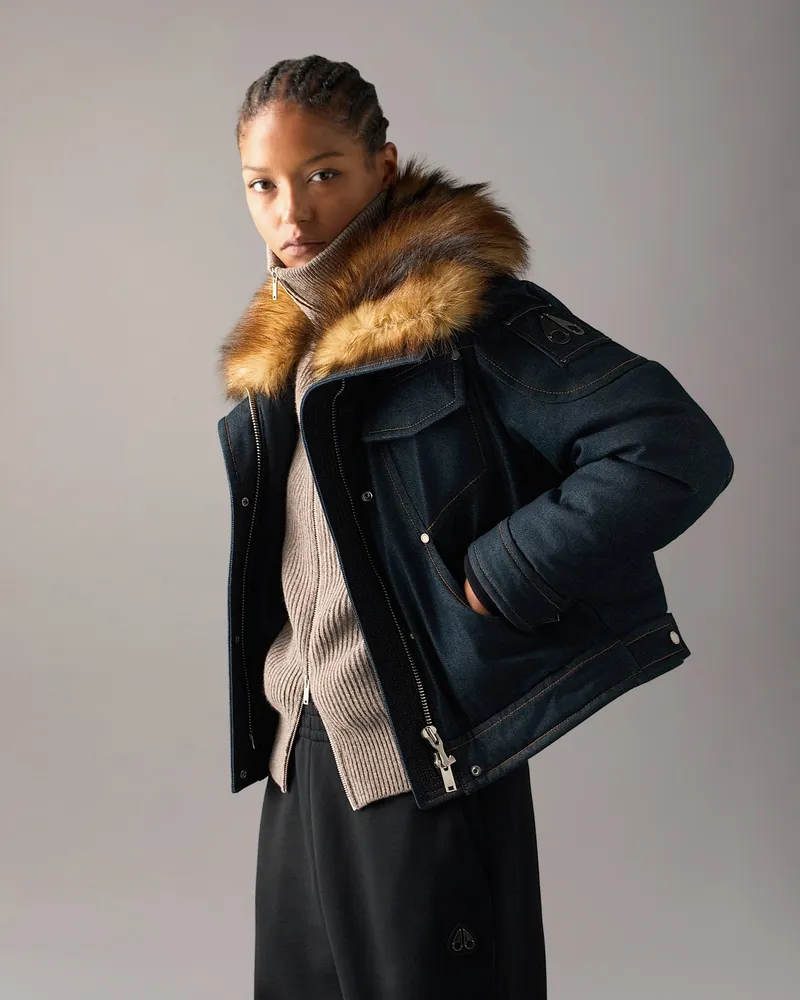 Moose Knuckles Frontier Truckerjacke Aus Denim Und Daune Für Damen Denim