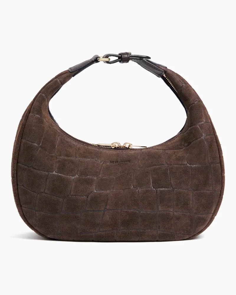 Le Tanneur Kleine Hobo-Tasche Juliette aus geprägtem Velours-Spaltleder in Krokodilleder-Optik Braun