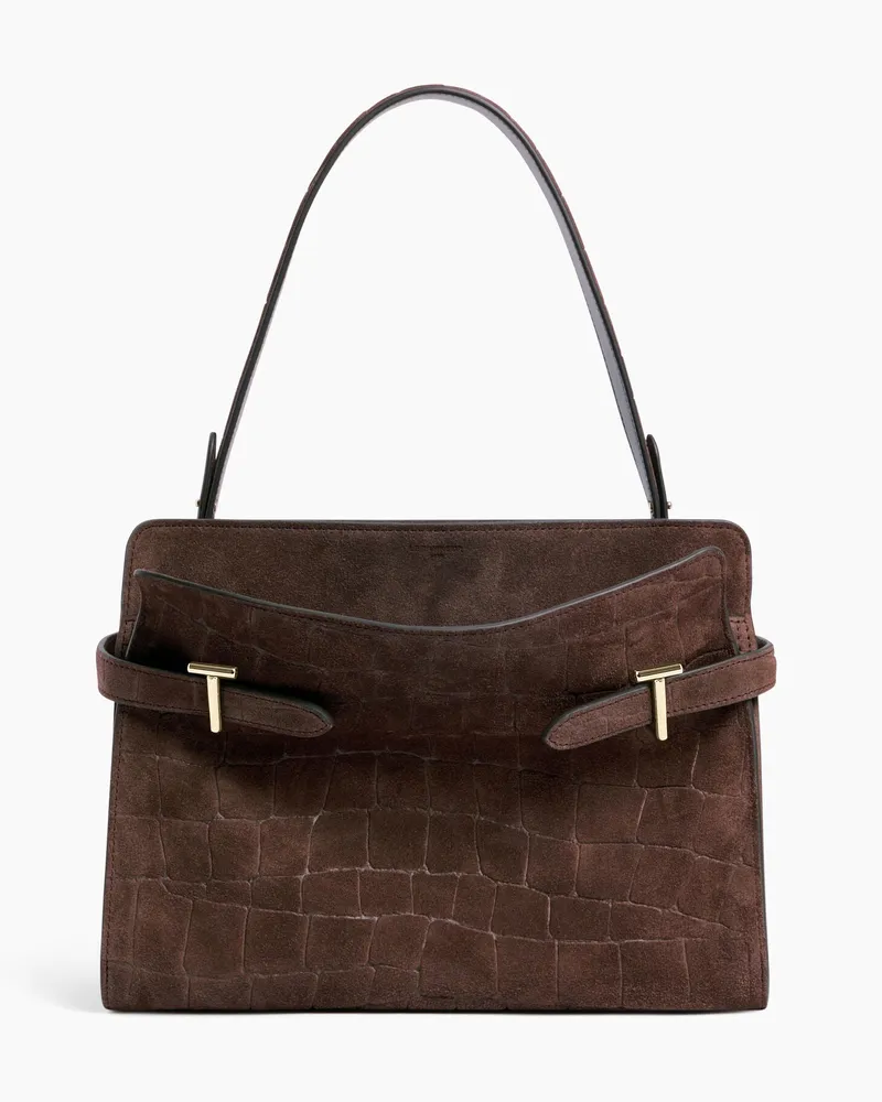 Le Tanneur Große Schultertasche Emie aus geprägtem Veloursleder in Krokodilleder-Optik Braun
