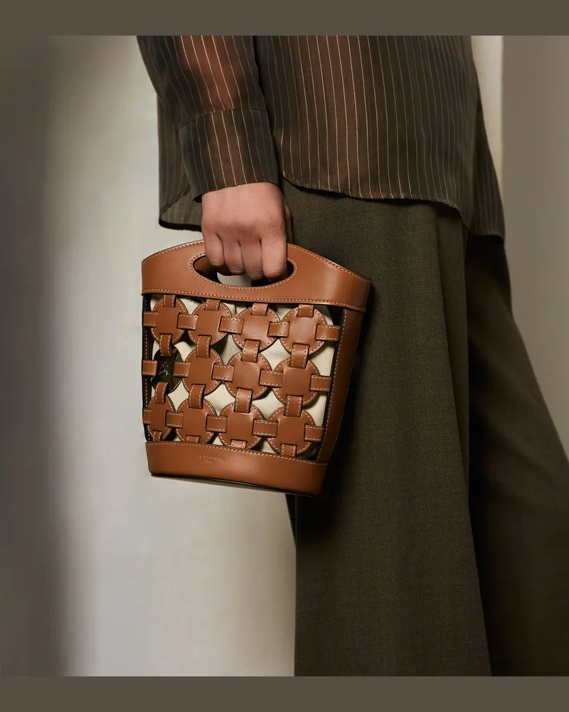Le Tanneur Kleine Bucket Bag Le Potier aus Baumwollcanvas und glattem Leder Brown