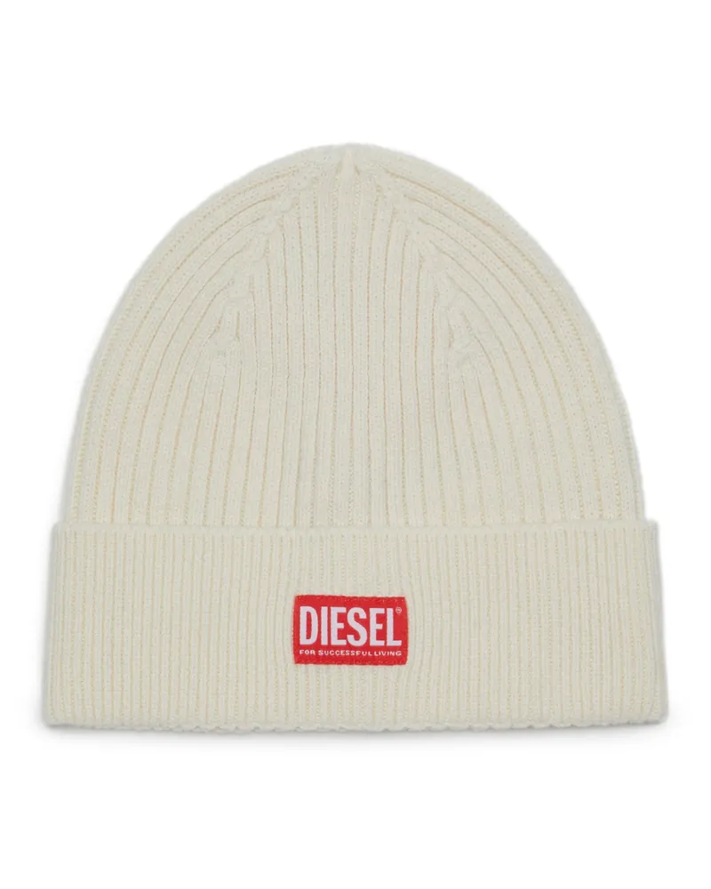 Diesel Gerippte Beanie-Mütze mit Logo-Aufnäher - Mützen - Unisex - Weiss Weiss