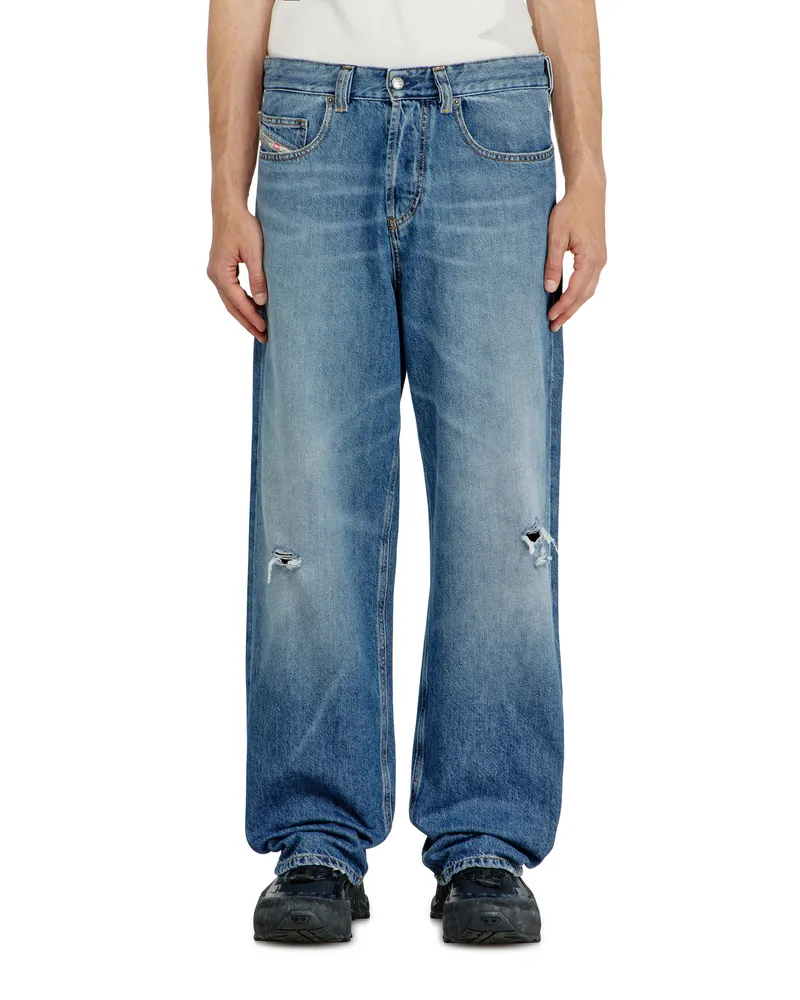 Diesel Relaxed Jeans Low Waist 2001 D-Macro, Mittelblau, Knopfverschluss Blau