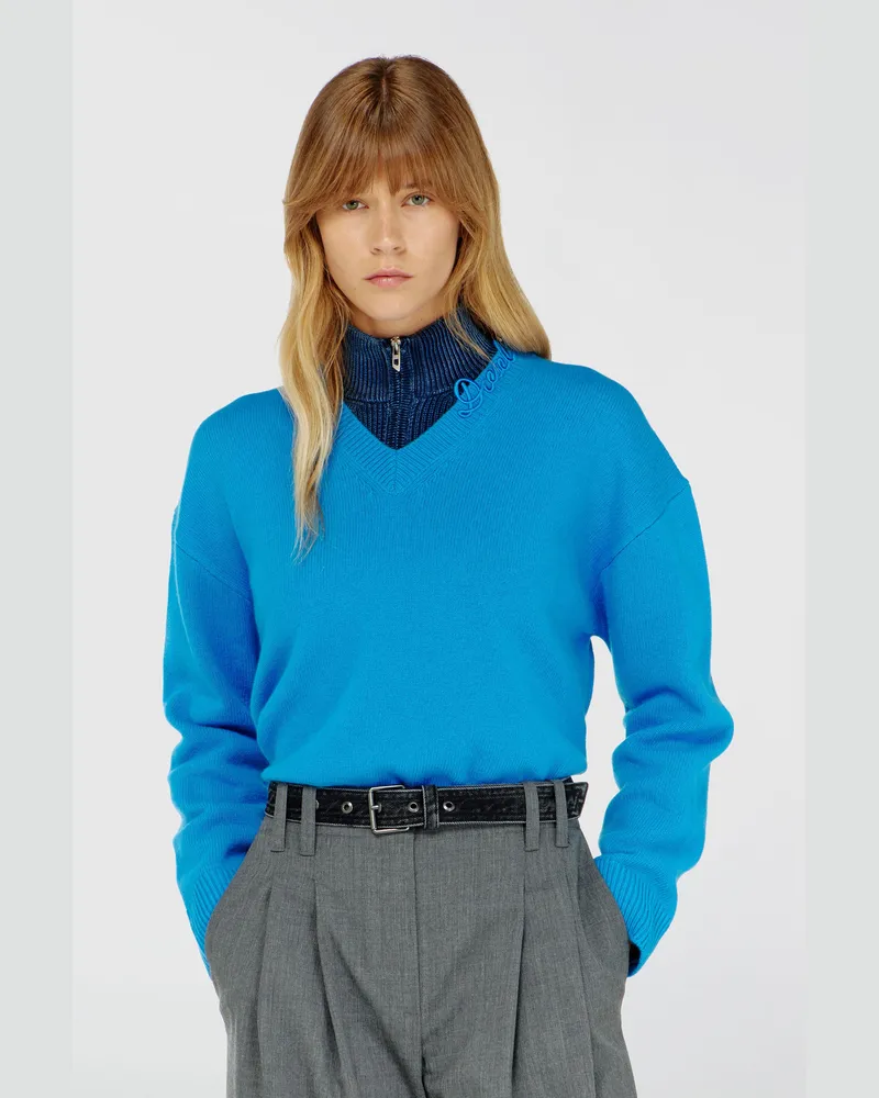 Diesel Wollpullover mit V-Ausschnitt und Logo am Kragen - Strickwaren - Damen - Blau Blau